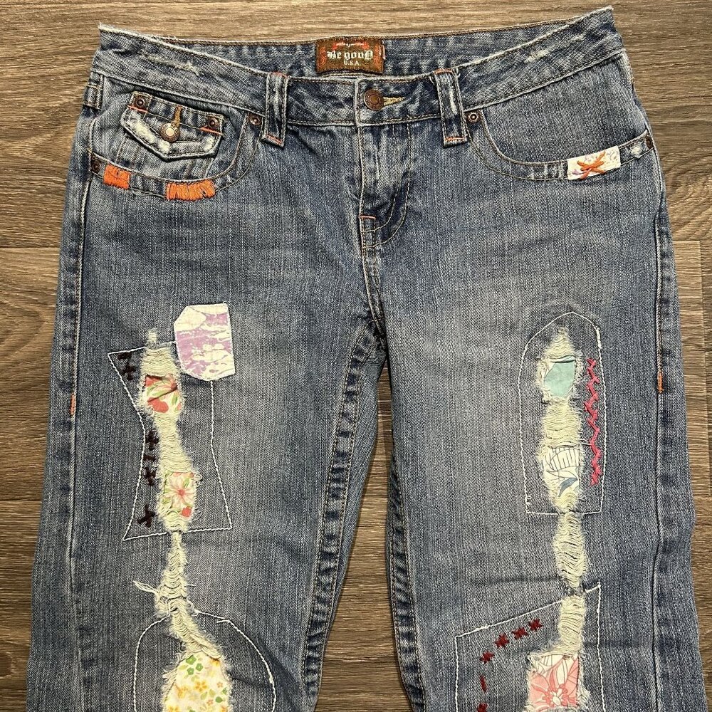 Be Good Size Large Patchwork Embroidered Denim Distressed Flare Jeans Y2K 00s - Picture 4 of 13
